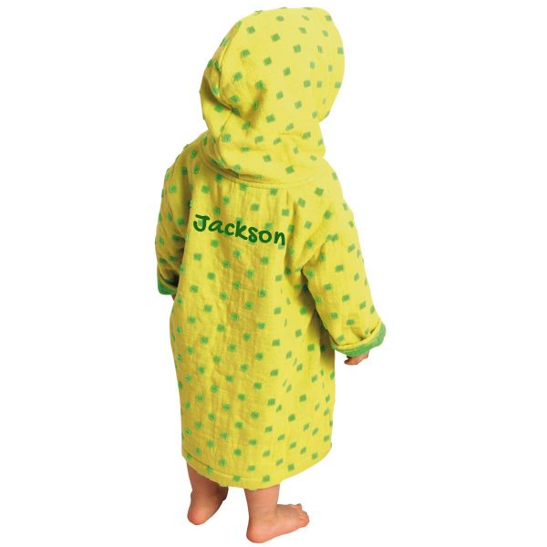 AM PM Kids Yellow With Green Dots Muslin Robe Back View With Sample Personalized Name