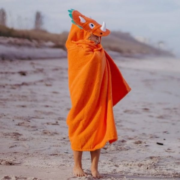 A kid wearing their dinosaur hooded towel at the beach